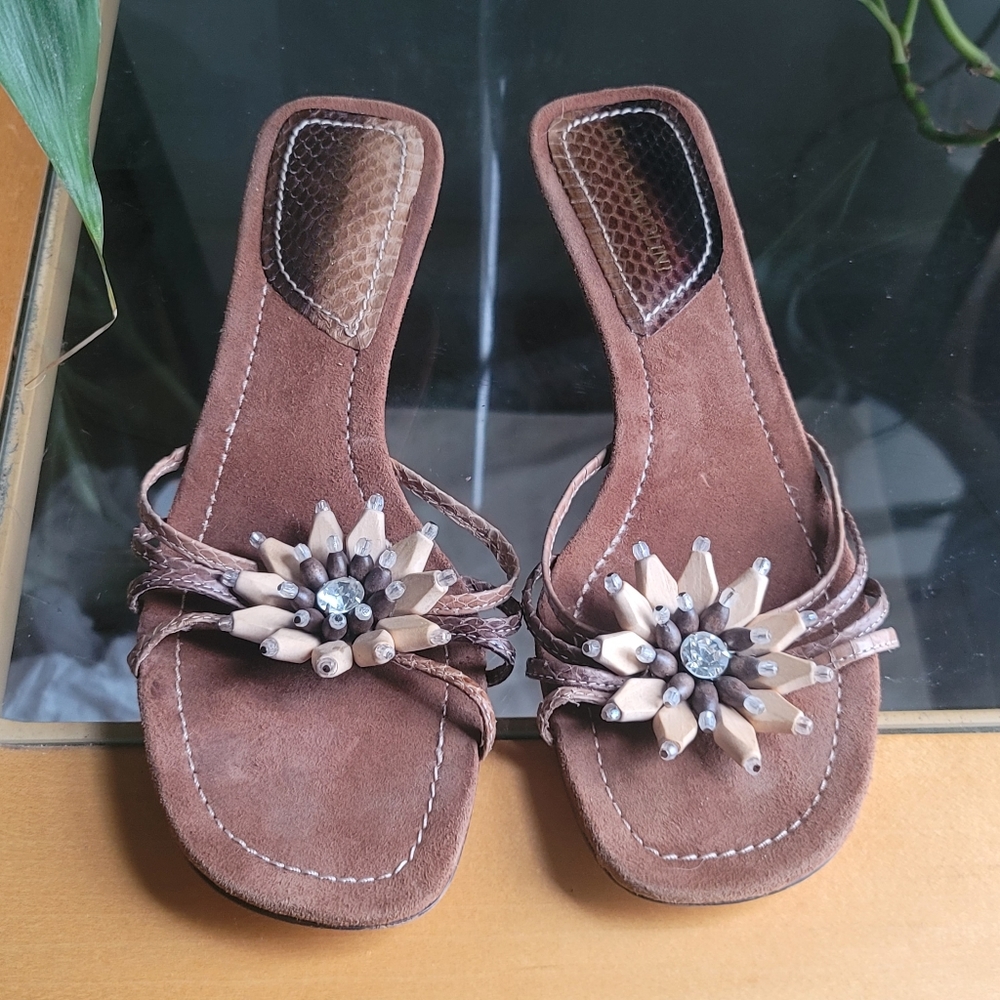 Enzo Angiolini Eamerci Brown Suede Crystal Flower Kitten Sandals